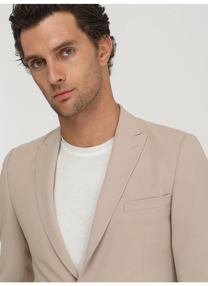 Beige Plain Slim Fit Jacket