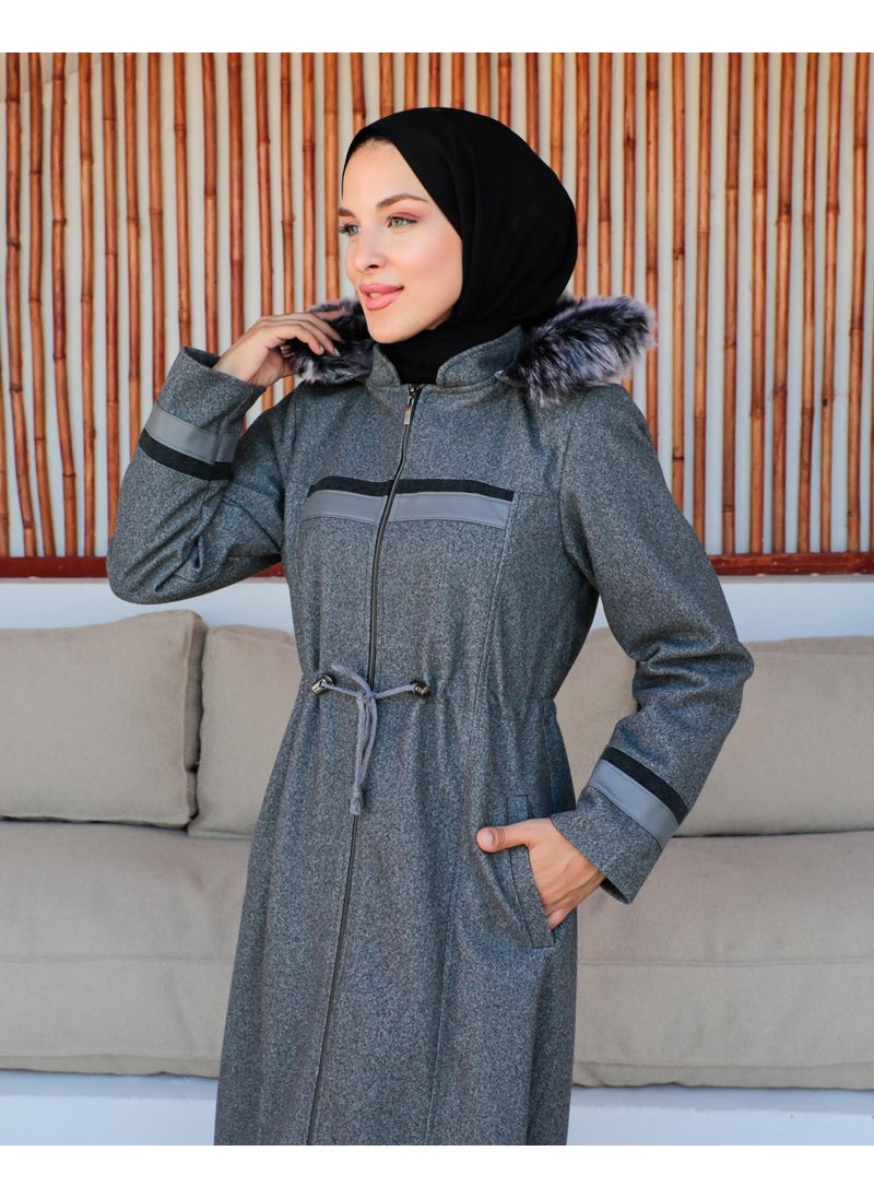 KMK Combination Kmkkombin Women's Full Size Large Size Leather Detailed Cashmere Coat Özaltay