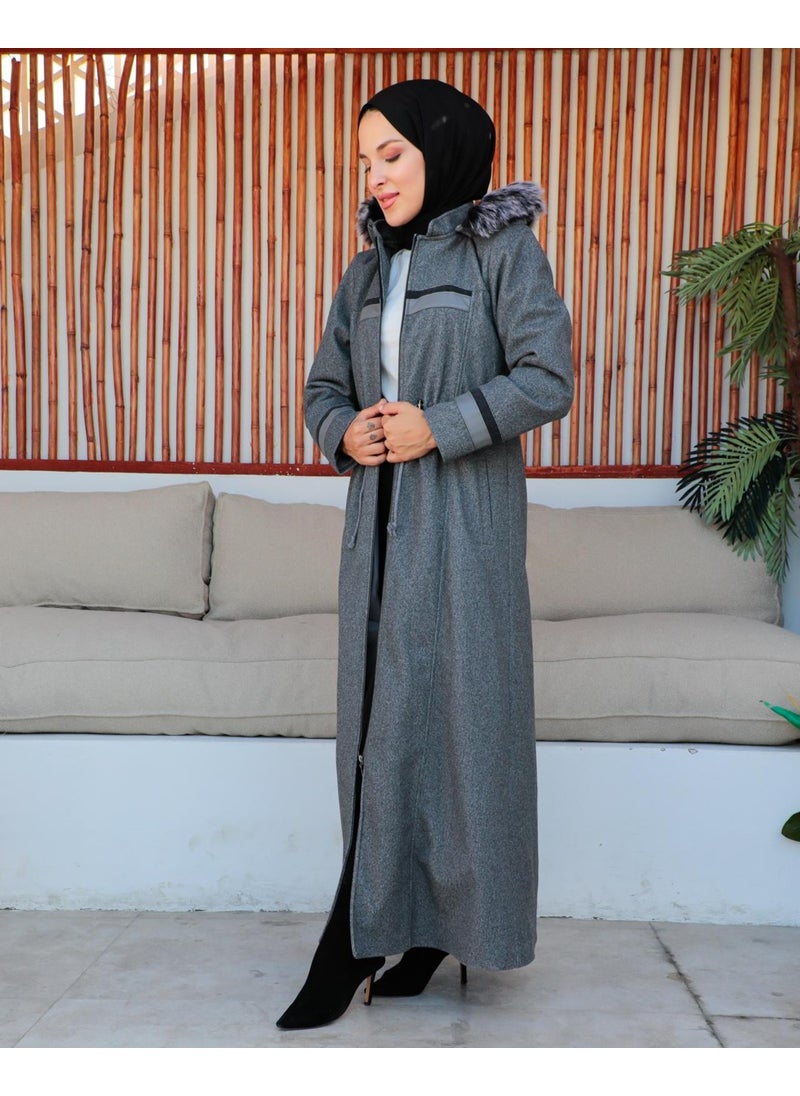 KMK Combination Kmkkombin Women's Full Size Large Size Leather Detailed Cashmere Coat Özaltay