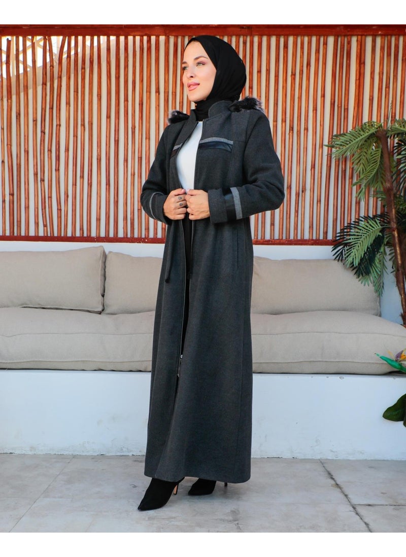 KMK Combination Kmkkombin Women's Full Size Large Size Leather Detailed Cashmere Coat Özaltay