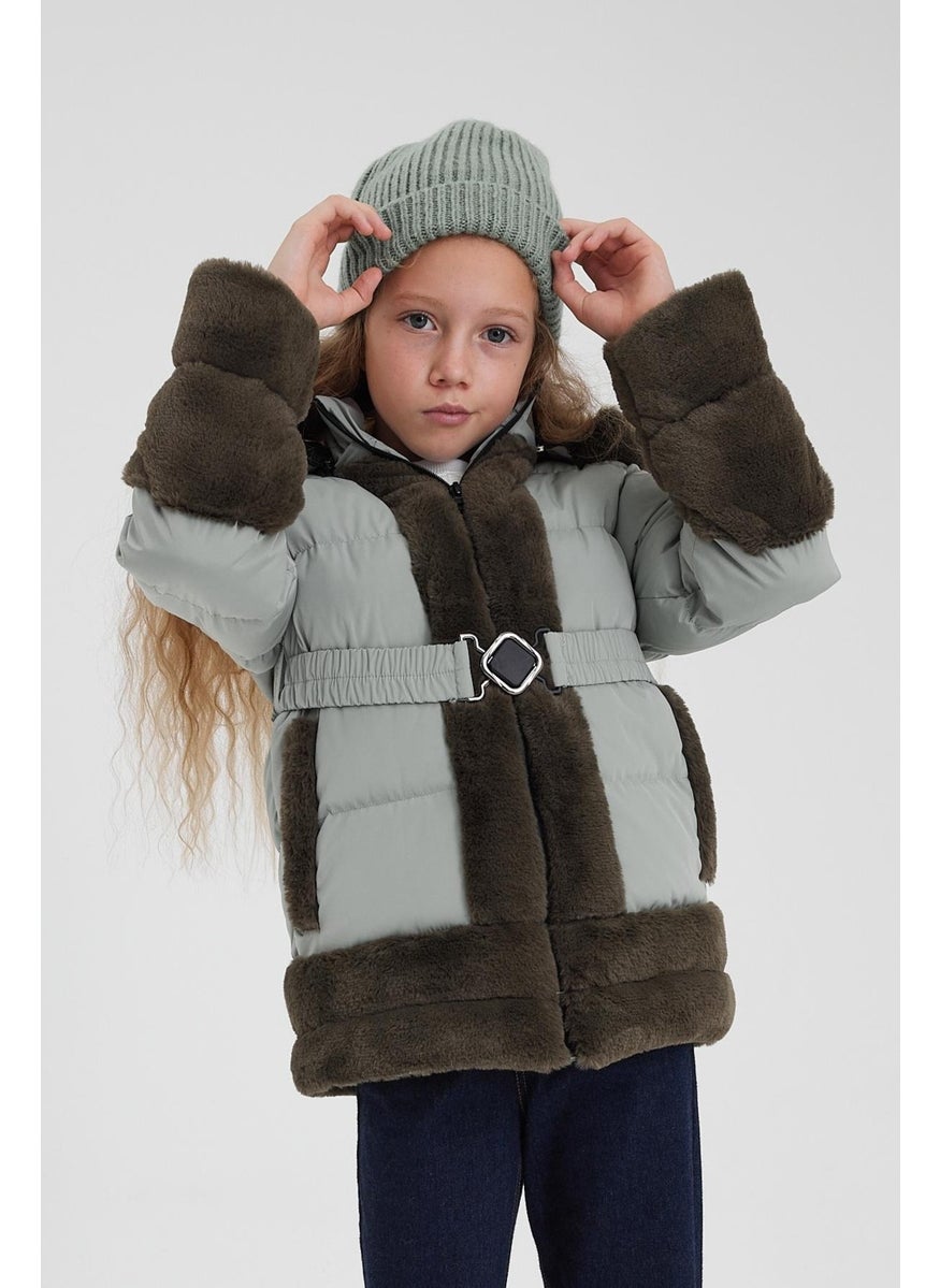 Green Plush Detailed Furry Thick Puffer Girl's Coat & Jacket