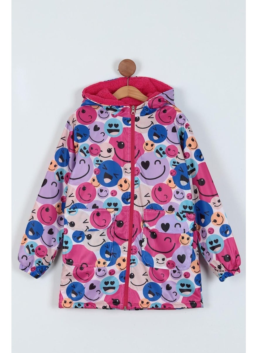 My Little Ones (9-12 Years Old) Fur Lined Hooded Girl Raincoat - Fuchsia