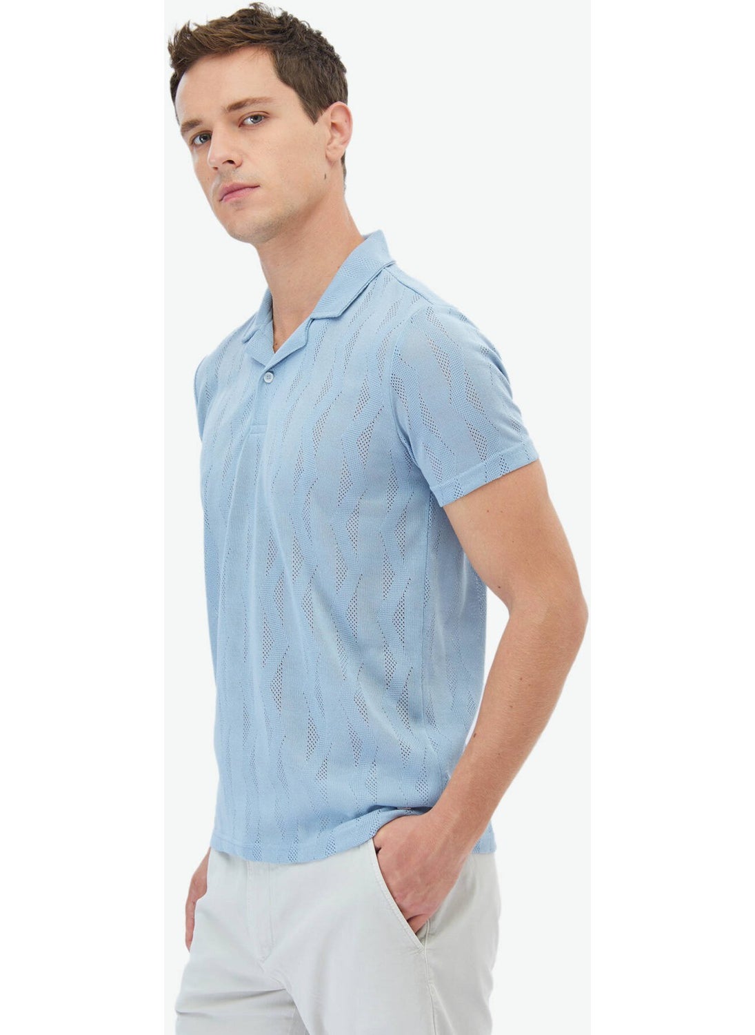 Blue Jacquard Cuban Collar T-Shirt