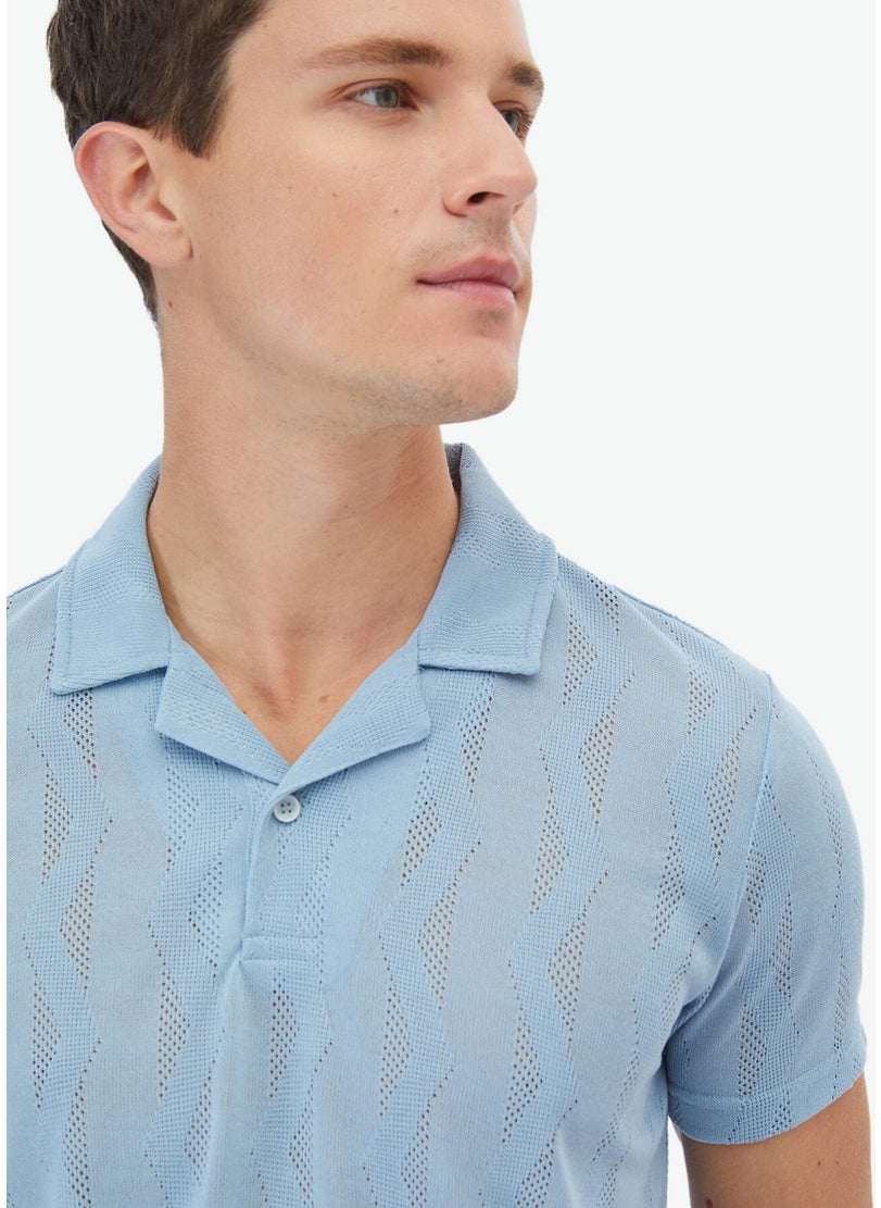 Blue Jacquard Cuban Collar T-Shirt