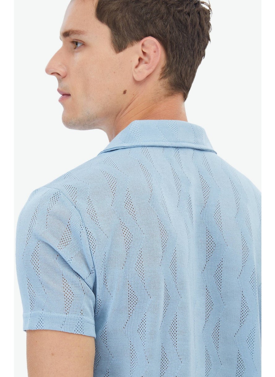 Blue Jacquard Cuban Collar T-Shirt