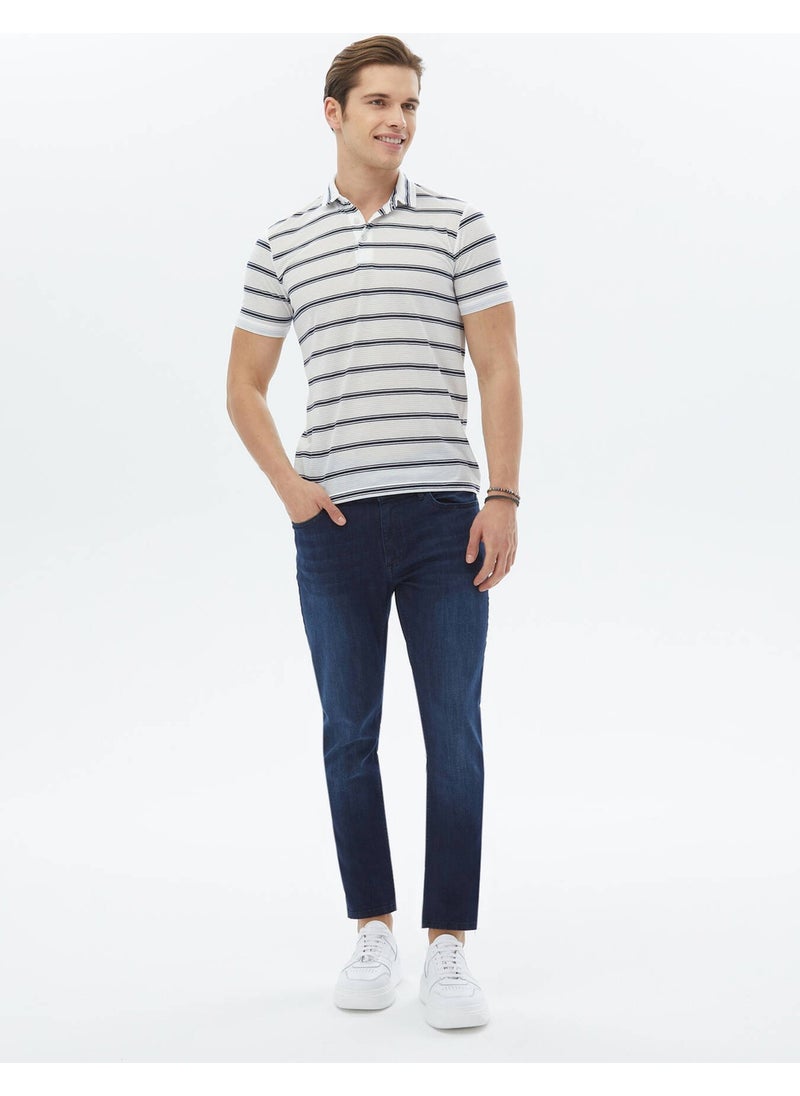 Navy Blue Striped Polo Neck T-Shirt