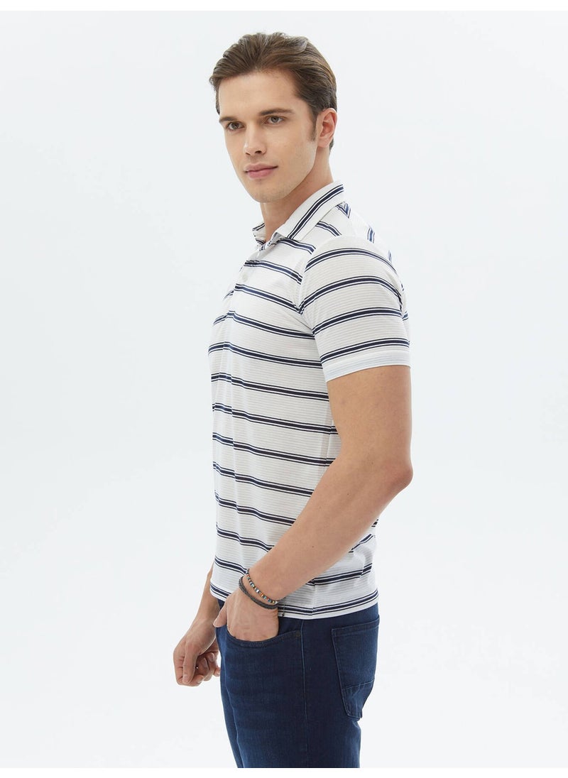 Navy Blue Striped Polo Neck T-Shirt