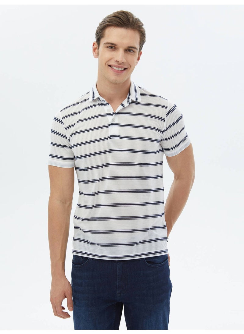 Navy Blue Striped Polo Neck T-Shirt