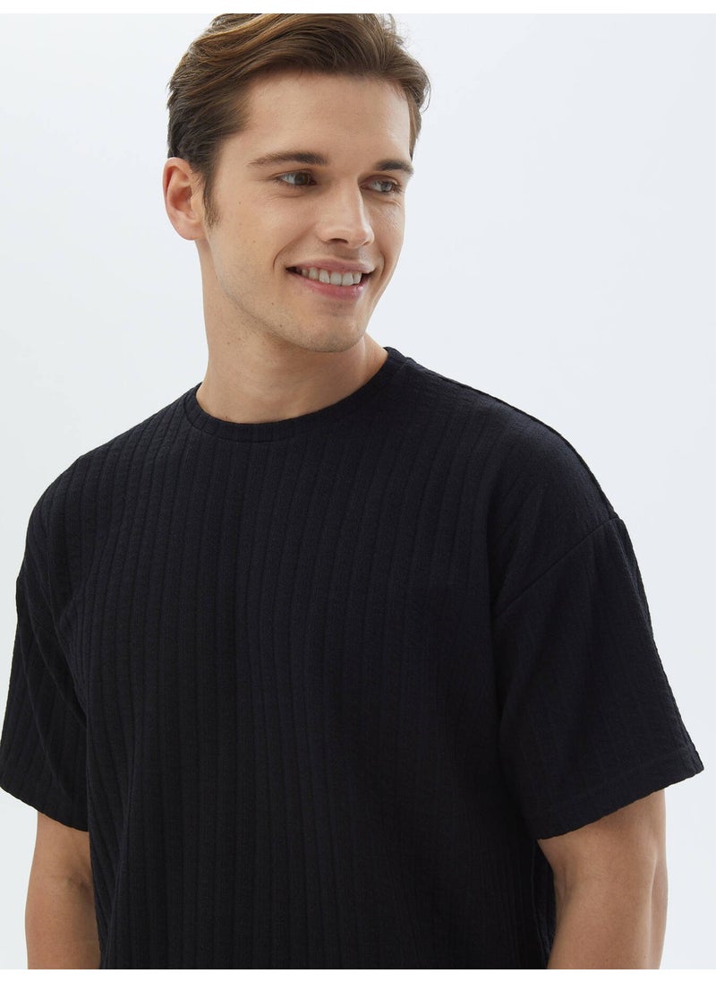 Black Jacquard Crew Neck Cotton Blend T-Shirt