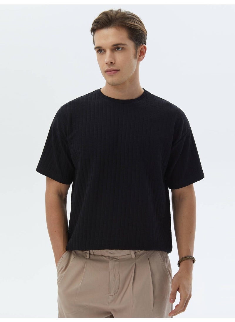 Black Jacquard Crew Neck Cotton Blend T-Shirt