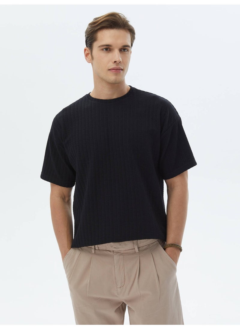 Black Jacquard Crew Neck Cotton Blend T-Shirt