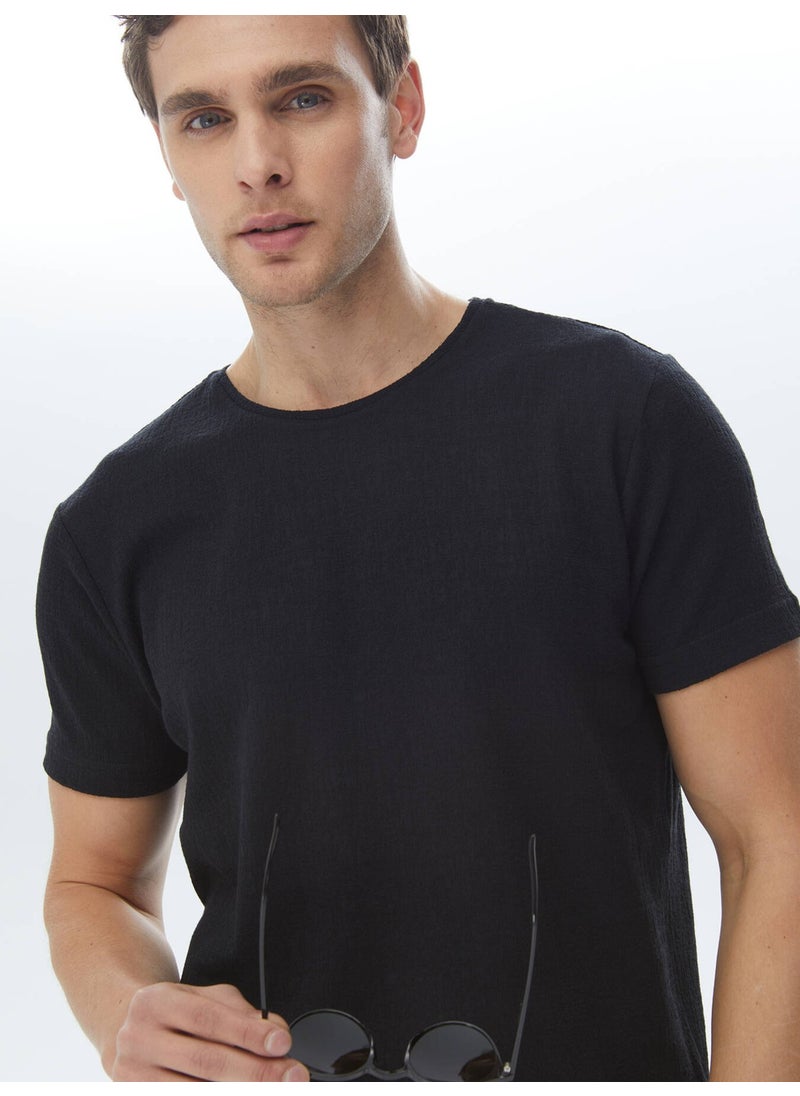 Black Jacquard Crew Neck Cotton Blend T-Shirt