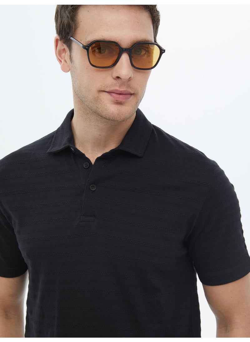 Black Jacquard Polo Collar Cotton T-Shirt