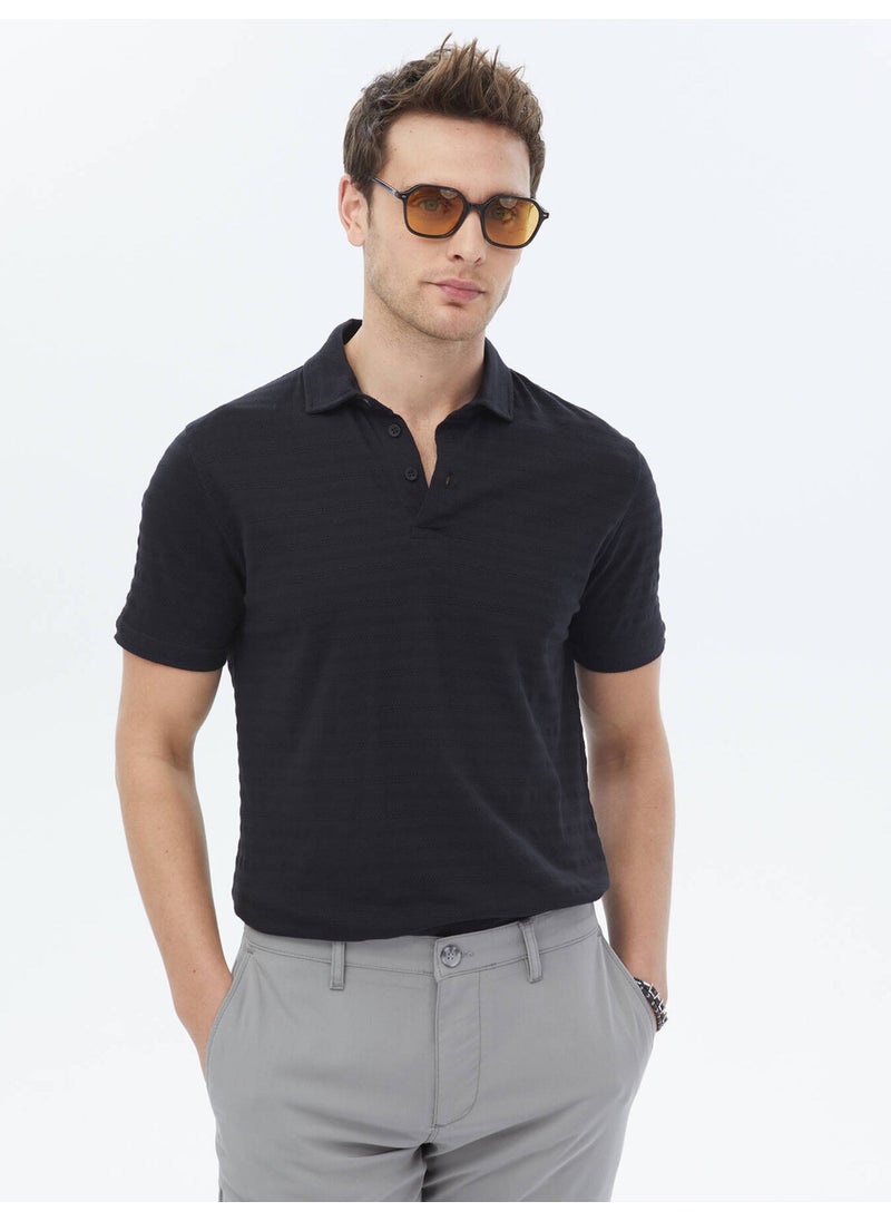 Black Jacquard Polo Collar Cotton T-Shirt