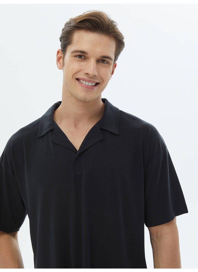 Navy Blue Jacquard Cuban Collar T-Shirt