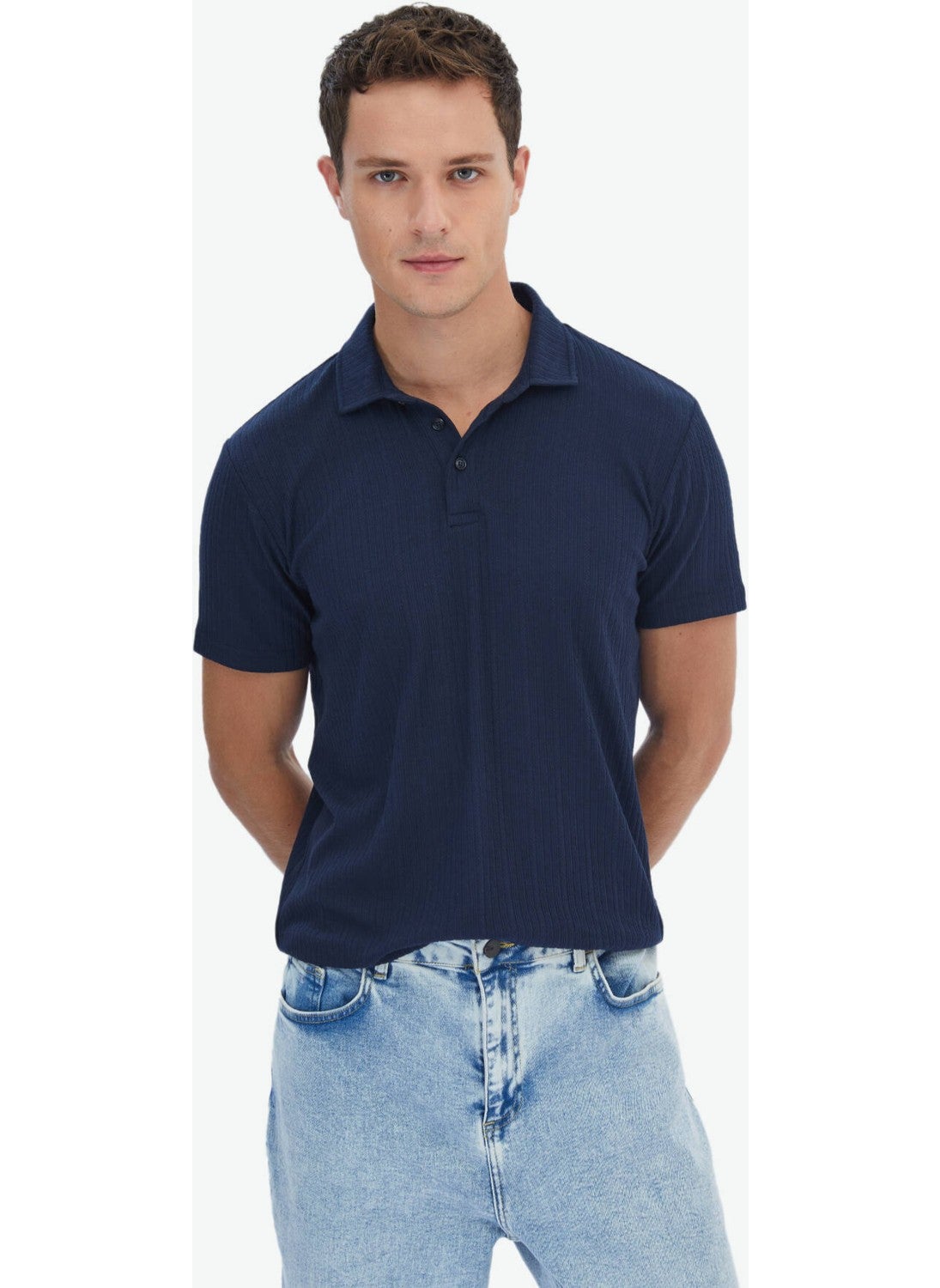 Navy Blue Jacquard Polo Collar Cotton Blend T-Shirt