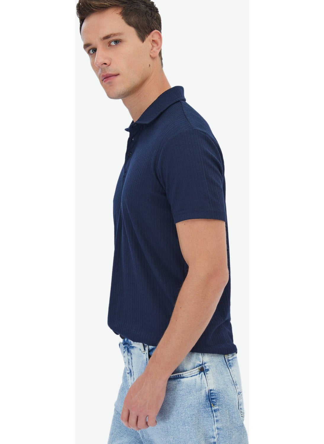 Navy Blue Jacquard Polo Collar Cotton Blend T-Shirt