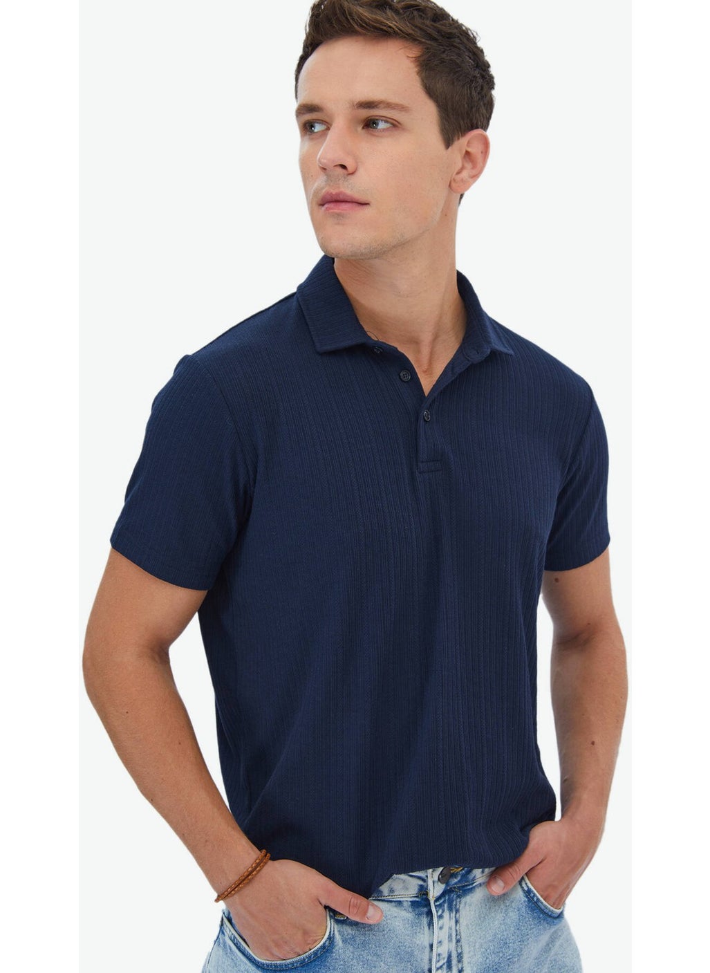 Navy Blue Jacquard Polo Collar Cotton Blend T-Shirt