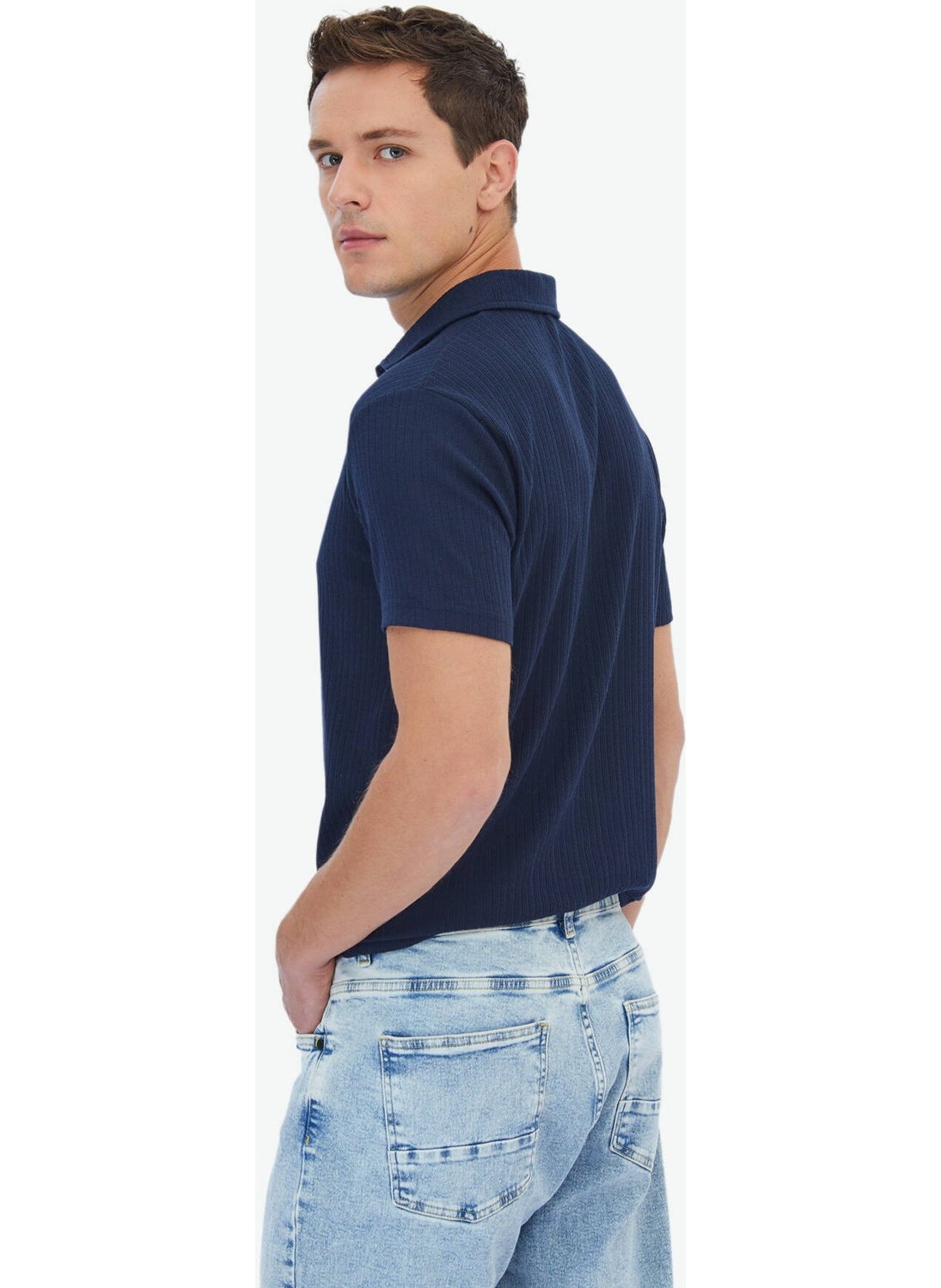 Navy Blue Jacquard Polo Collar Cotton Blend T-Shirt