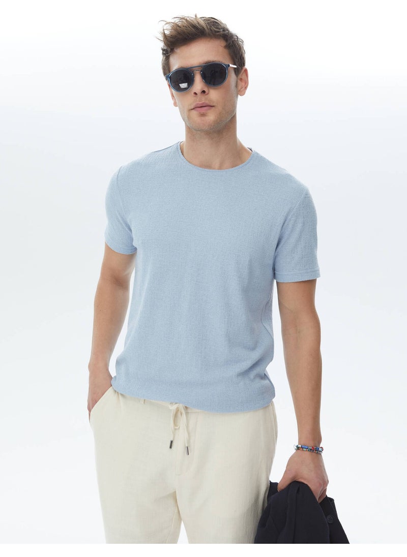 Blue Jacquard Crew Neck Cotton Blend T-Shirt