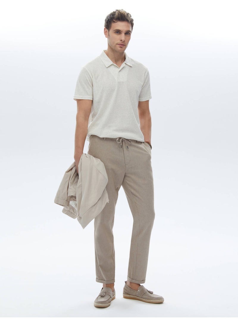 Beige Cuban Collar Linen Blend T-Shirt