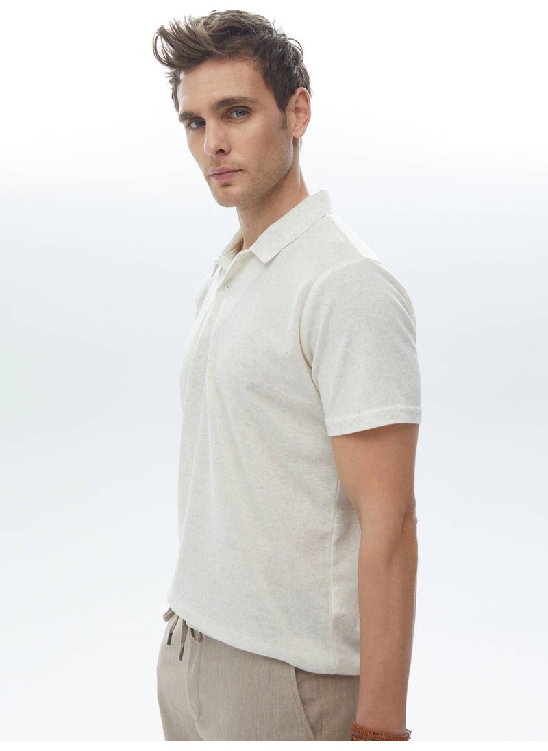 Beige Cuban Collar Linen Blend T-Shirt