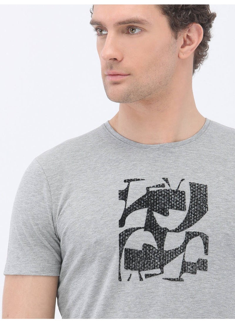 Gray Printed Crew Neck 100% Cotton T-Shirt