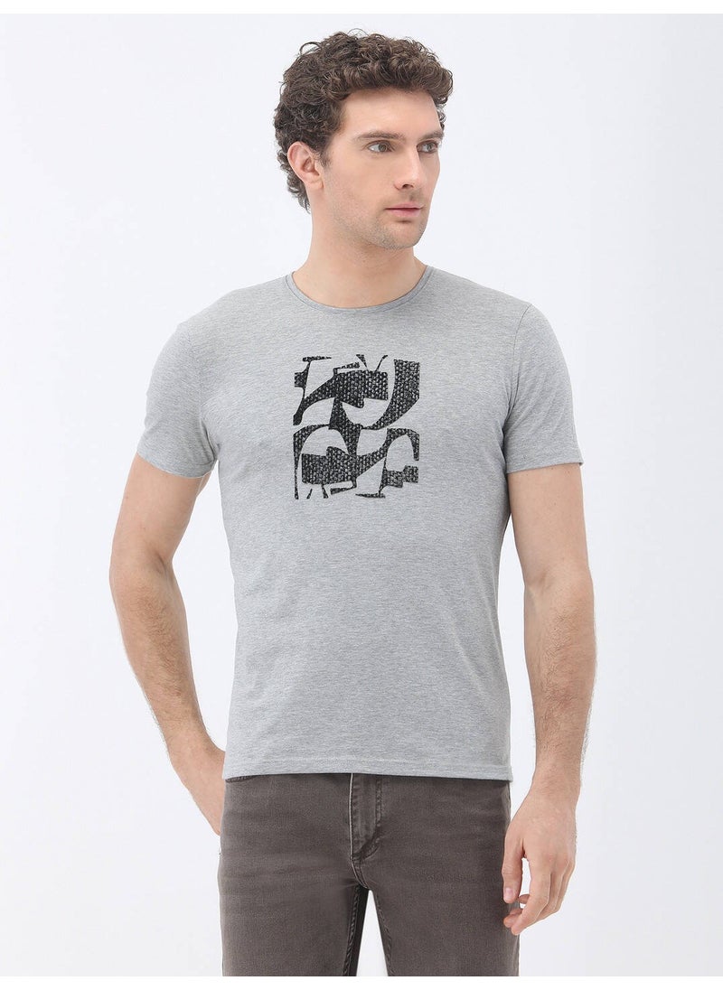 Gray Printed Crew Neck 100% Cotton T-Shirt