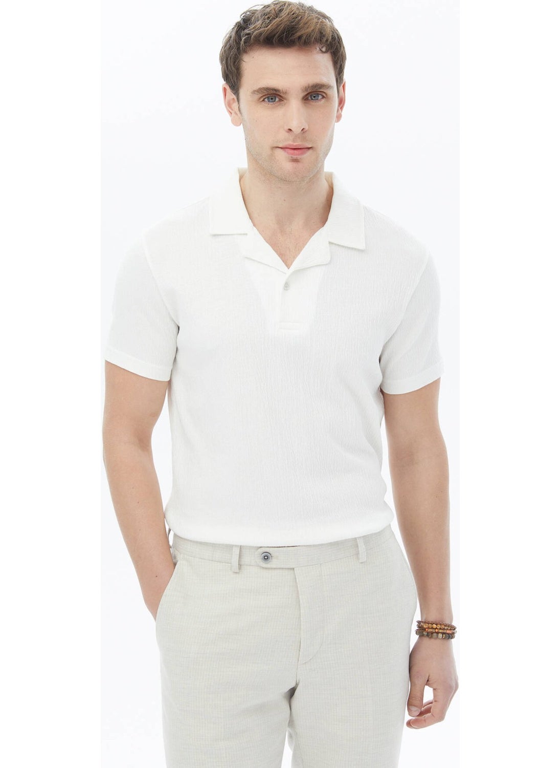 White Jacquard Cuban Collar Cotton Blend T-Shirt