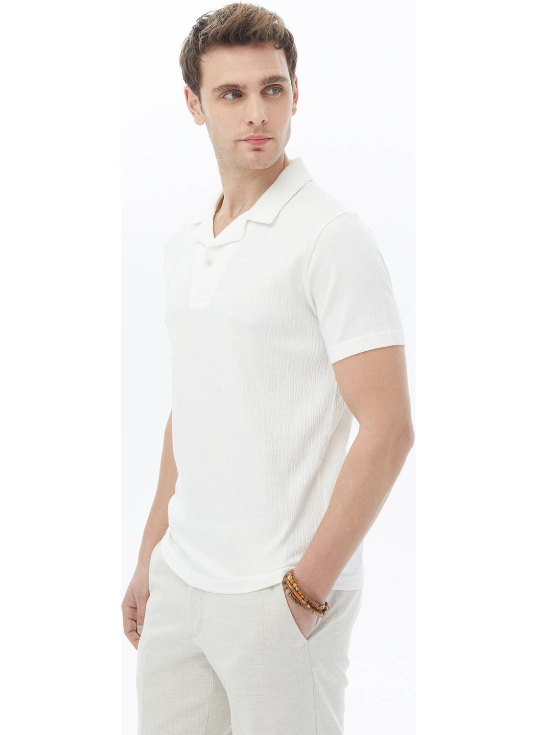 White Jacquard Cuban Collar Cotton Blend T-Shirt