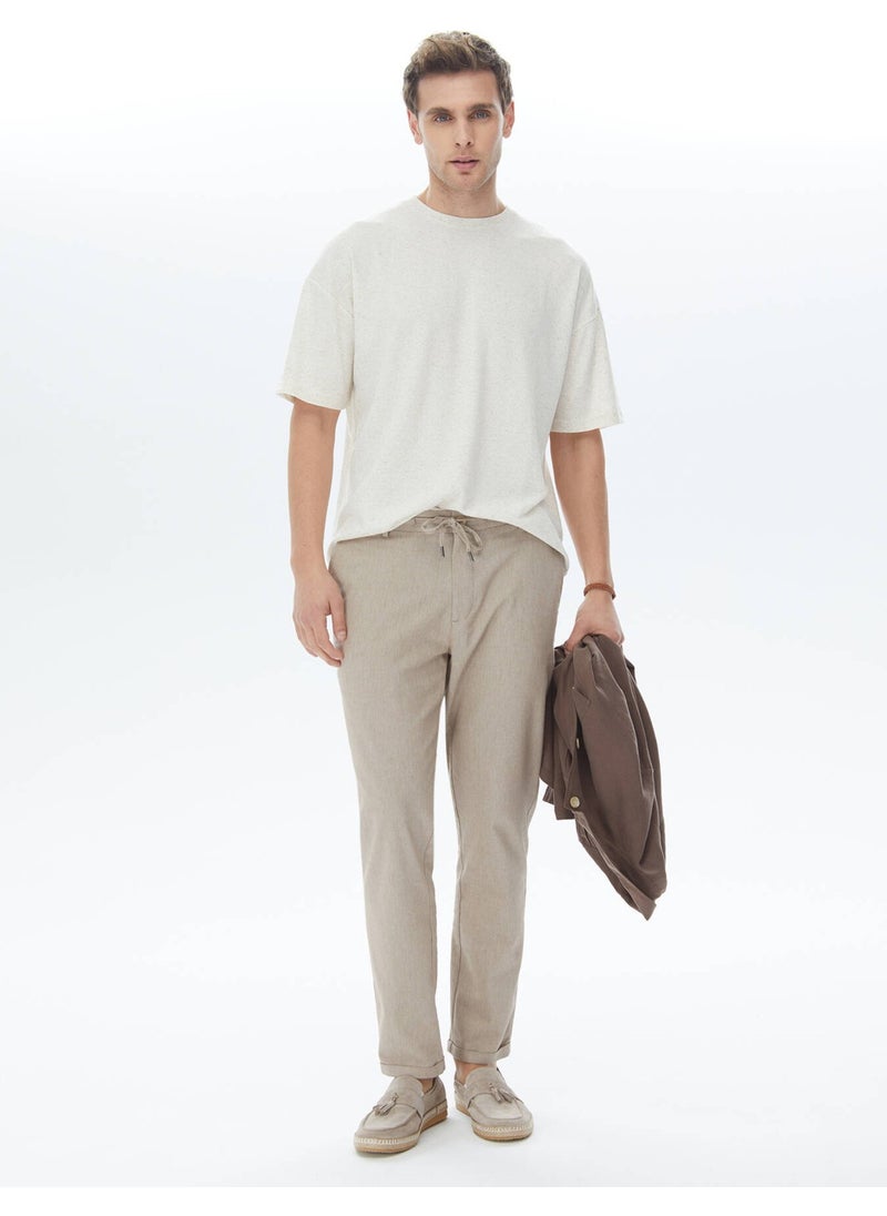 Beige Jacquard Crew Neck Linen Blend T-Shirt