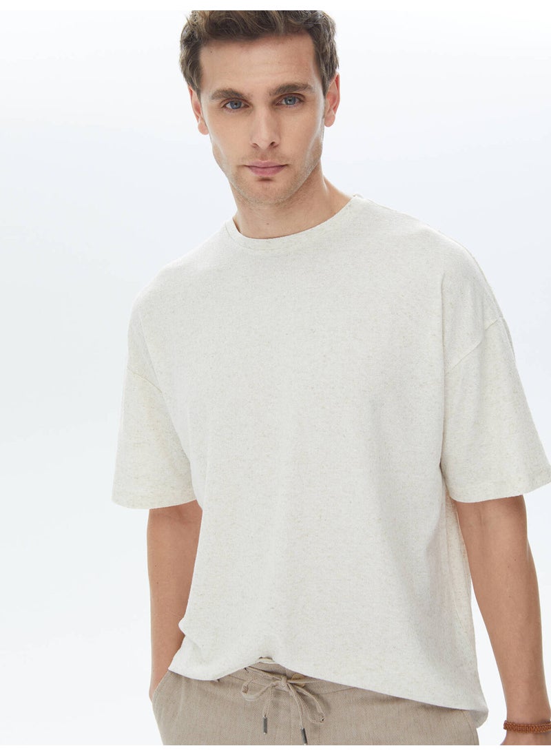 Beige Jacquard Crew Neck Linen Blend T-Shirt