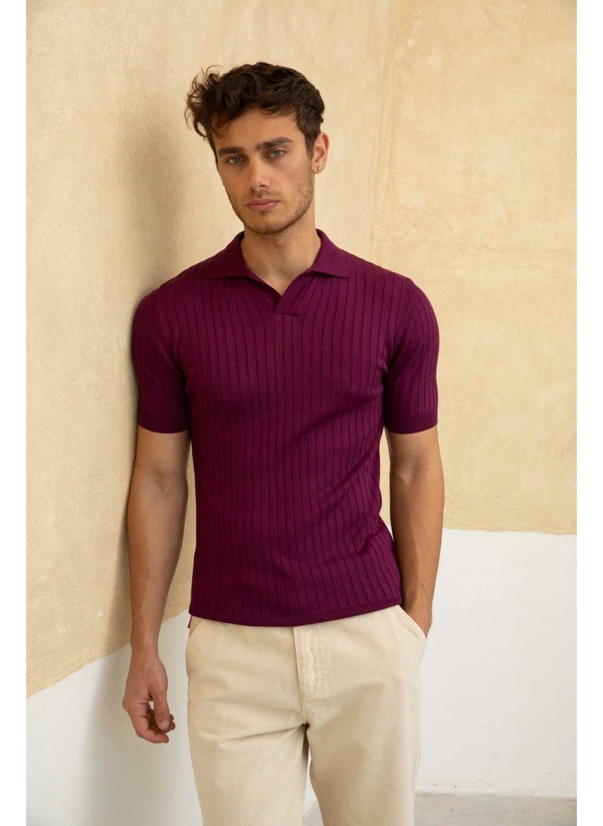 Cool Style Men's Ribbed Polo Neck Knit T-Shirt