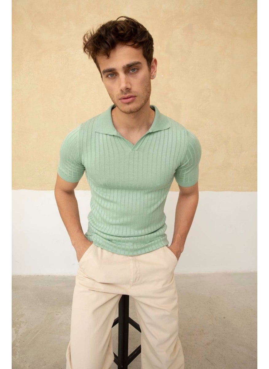 Cool Style Men's Ribbed Polo Neck Knit T-Shirt