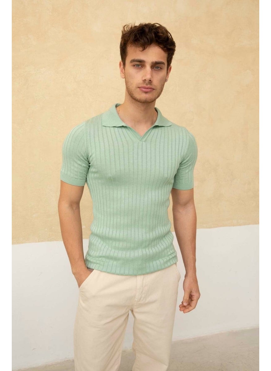 Cool Style Men's Ribbed Polo Neck Knit T-Shirt