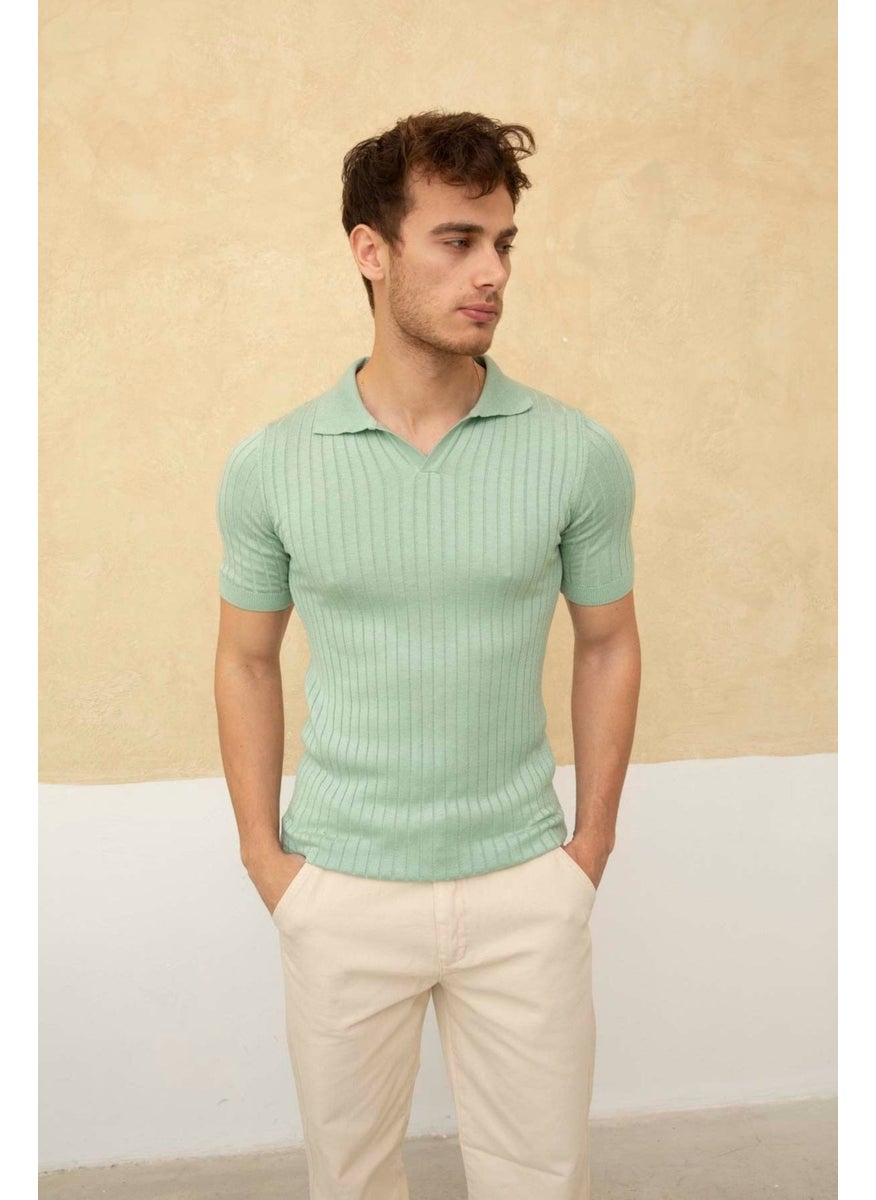 Cool Style Men's Ribbed Polo Neck Knit T-Shirt