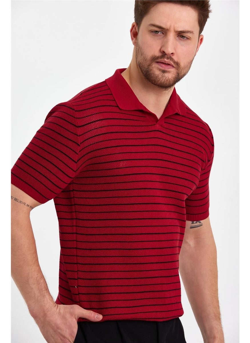 Cool Style Claret Red Men's Polo Collar Striped Knitwear T-SHIRT-TRZ19124R04S