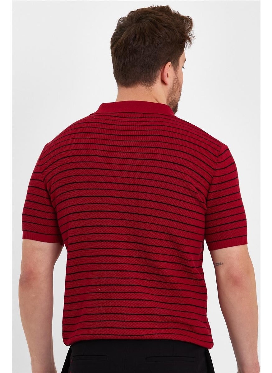 Cool Style Claret Red Men's Polo Collar Striped Knitwear T-SHIRT-TRZ19124R04S