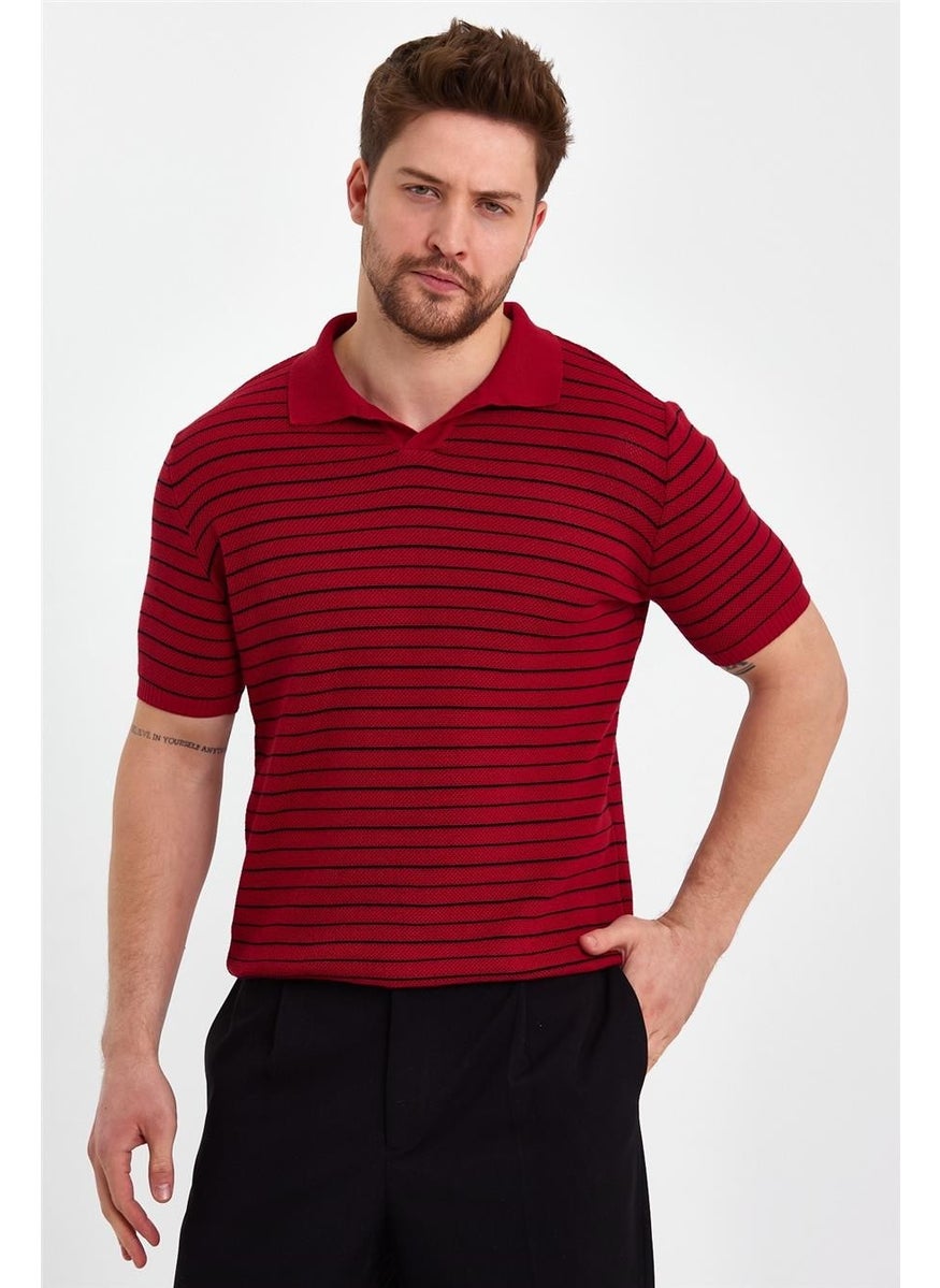 Cool Style Claret Red Men's Polo Collar Striped Knitwear T-SHIRT-TRZ19124R04S