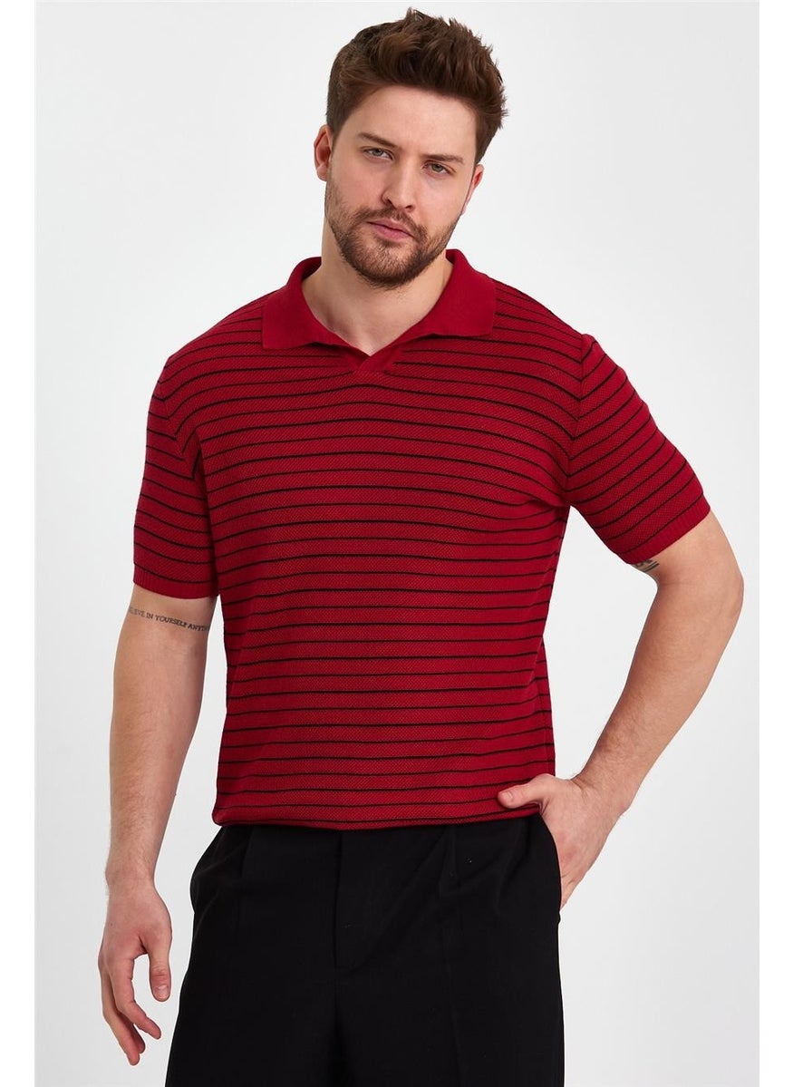 Cool Style Claret Red Men's Polo Collar Striped Knitwear T-SHIRT-TRZ19124R04S