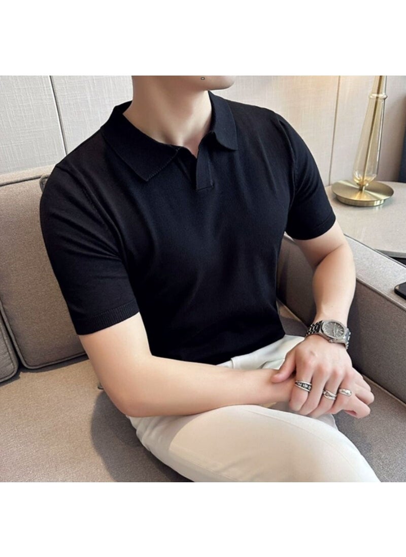 Cool Style Men's Black Plaid Short Sleeve Polo Neck Knit T-Shirt