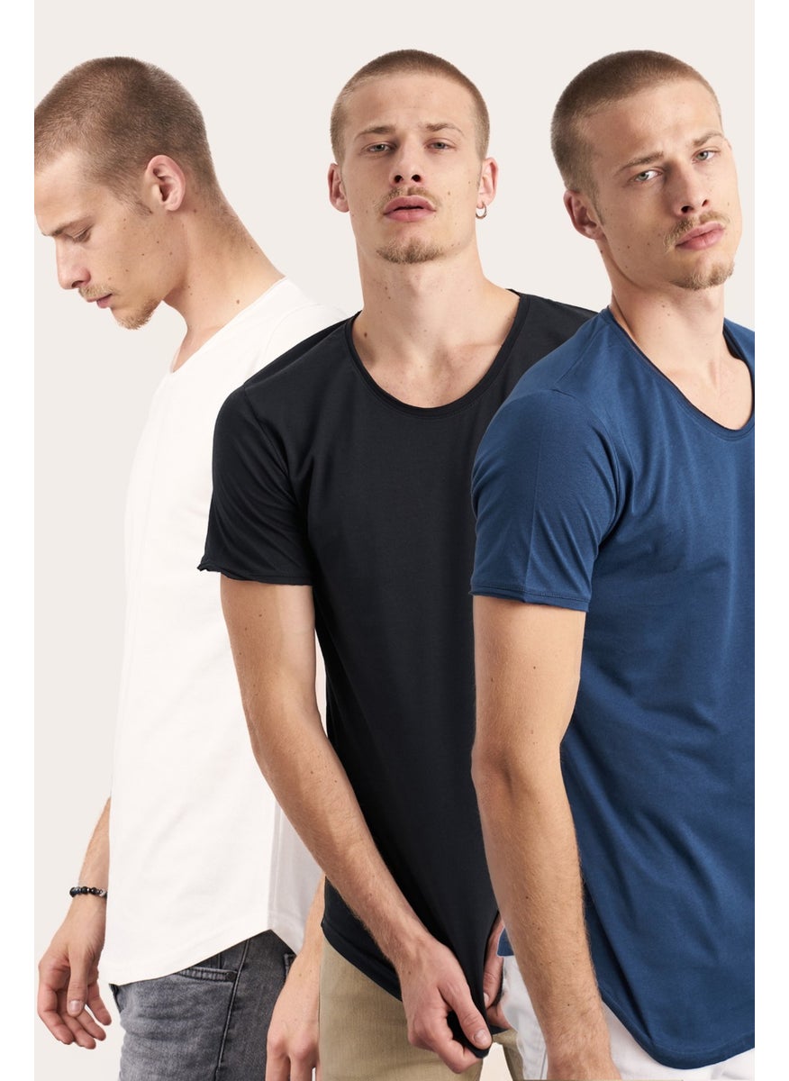 Cool Style 3-Pack White-Black-Navy Blue Sloppy Collar Loose T-Shirt