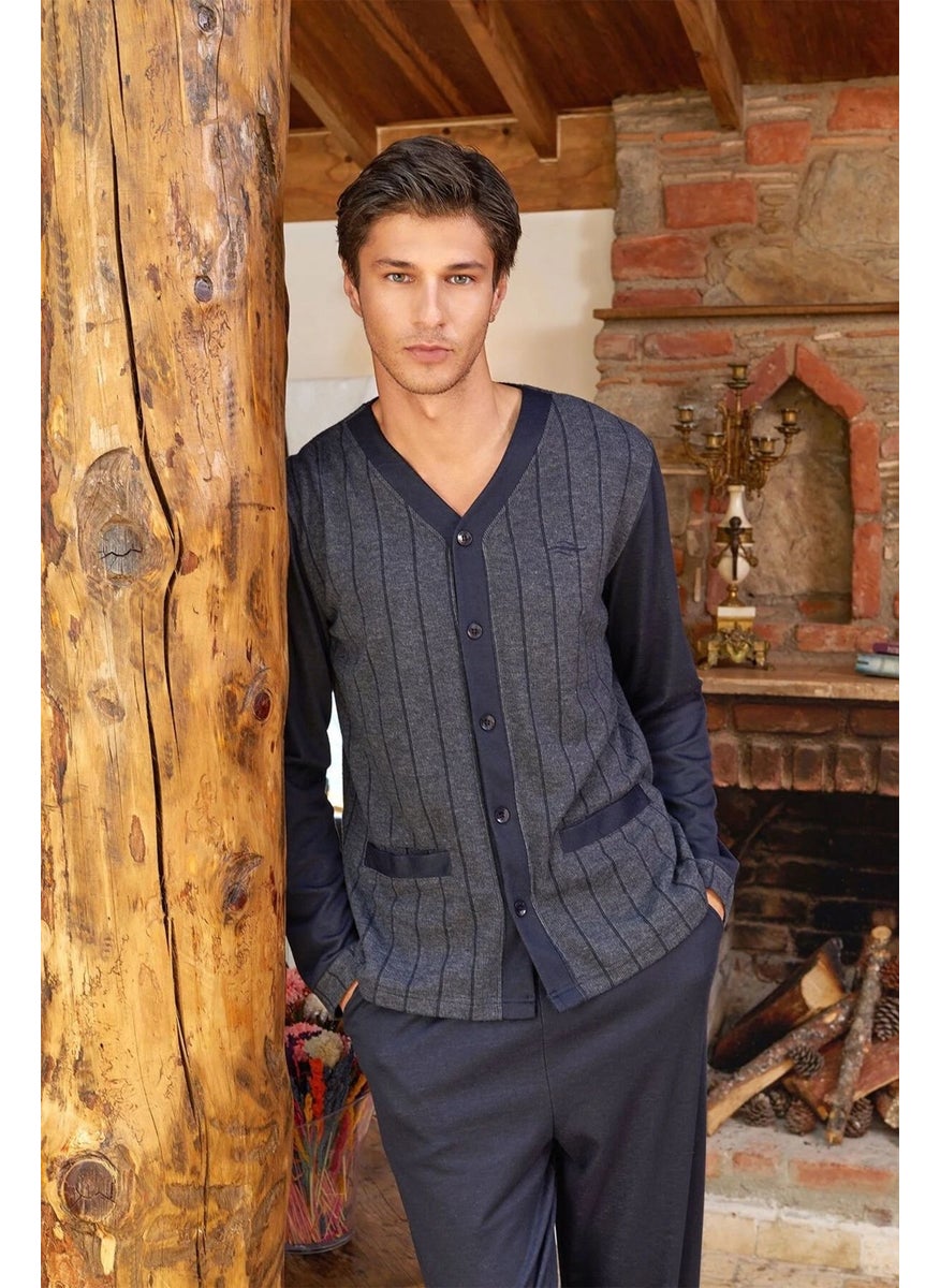 24413 Men's Long Sleeve Front Buttoned Pajama Set-Navy Blue