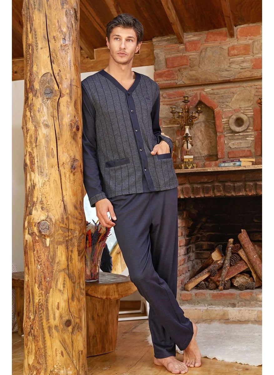 24413 Men's Long Sleeve Front Buttoned Pajama Set-Navy Blue