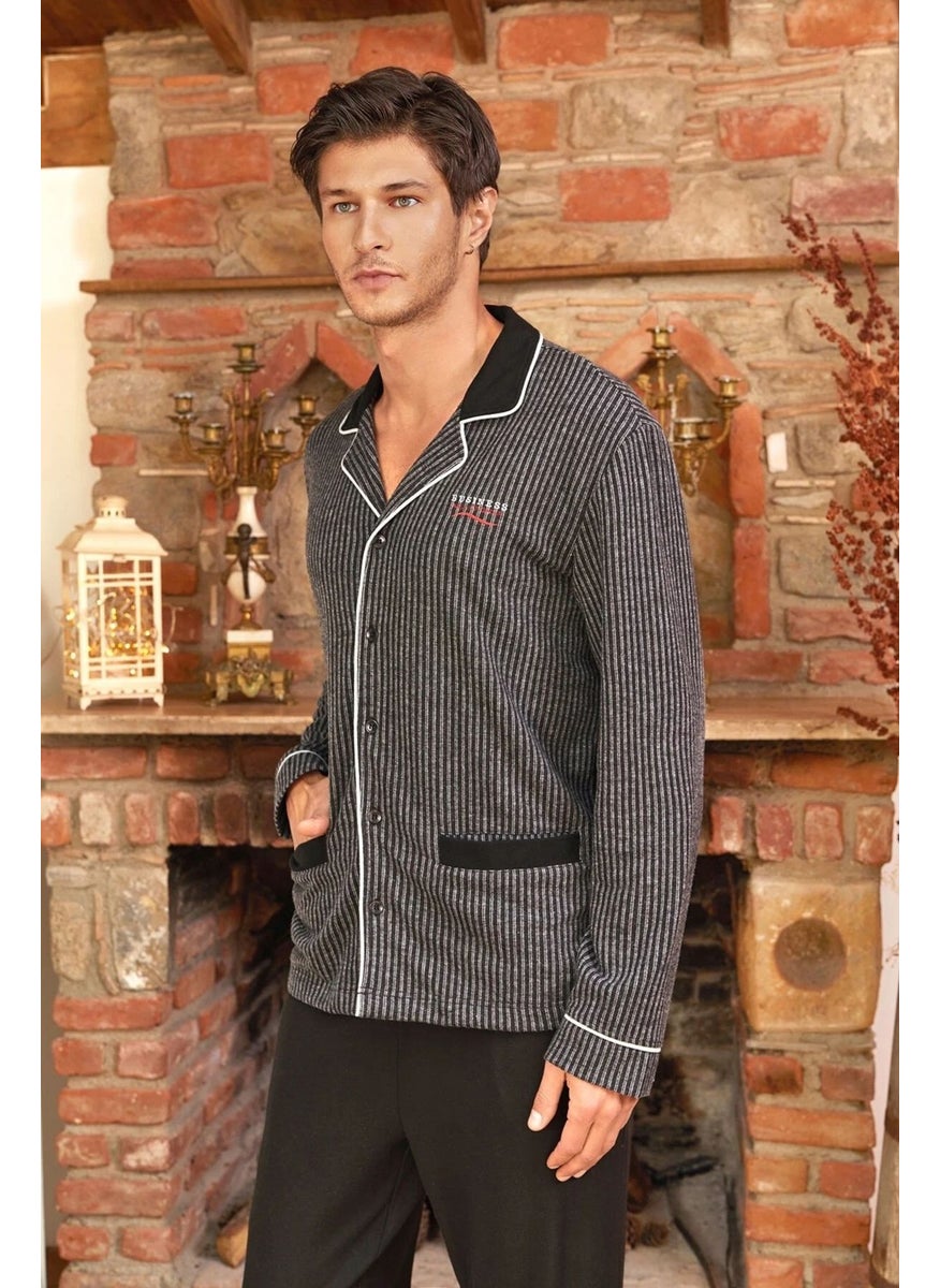 24405 Men's Long Sleeve Front Buttoned Pajama Set - Black