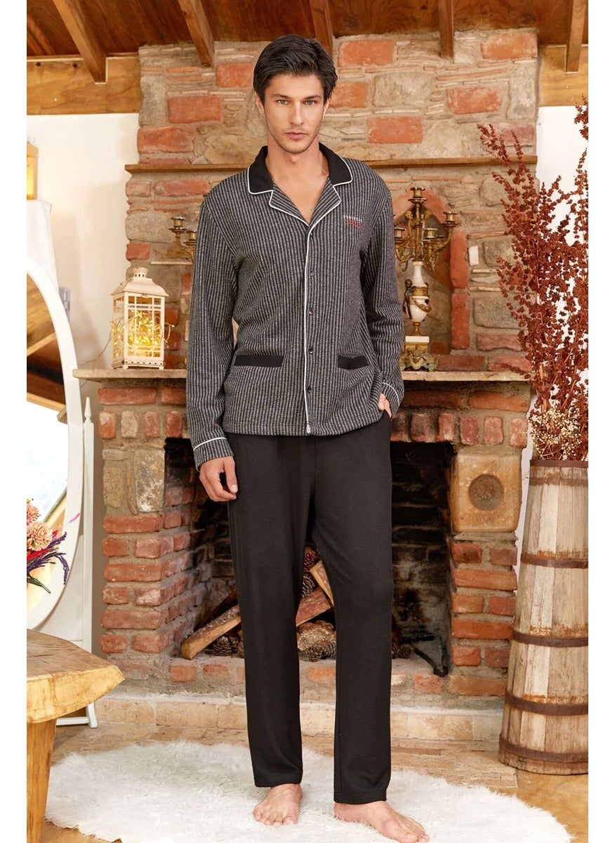 24405 Men's Long Sleeve Front Buttoned Pajama Set - Black