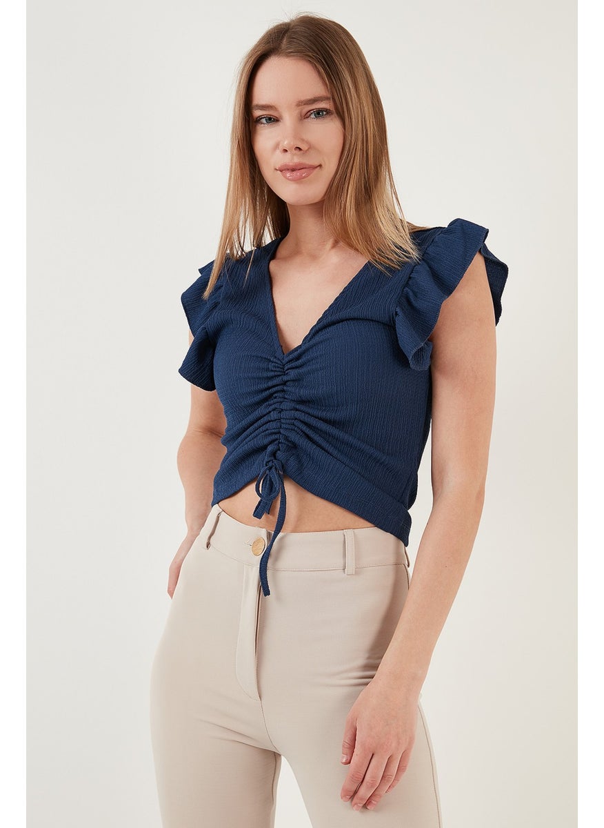 Smock Detailed Slim Fit Crop Blouse with Frilly Sleeves Women's Blouse 5865015