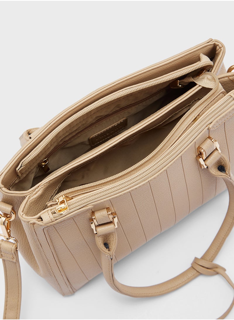 Textured Stripe Satchel Bag with Fob