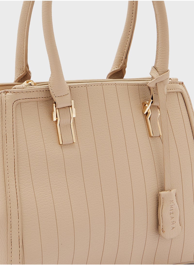 Textured Stripe Satchel Bag with Fob