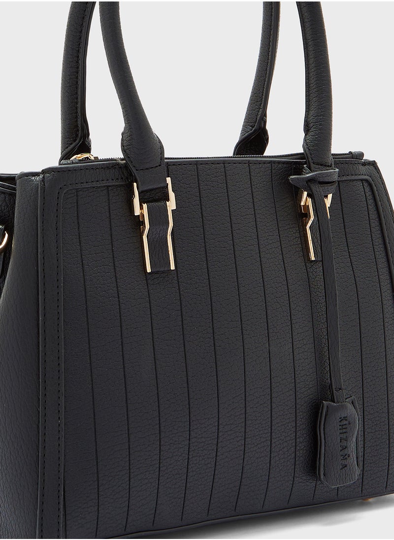 Textured Stripe Satchel Bag with Fob